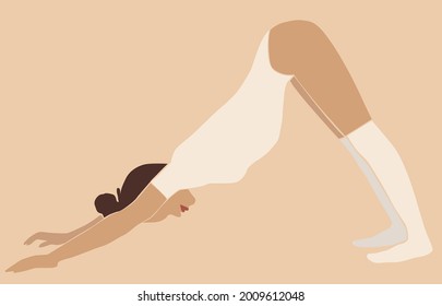Vector illustration of a beautiful young woman in a sports uniform, practicing yoga, meditating in the dog pose face down, Adho Mukha Svanasana.