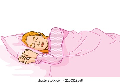 Vector illustration of beautiful young woman in pink pajamas sleeping happily on pillow in bed at home,relaxing, bedtime,good dreams,isolated on white background,Concept of human rest refreshes life.