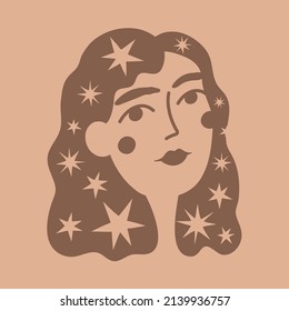Vector illustration with beautiful young woman head with stars in hair. Trendy fashion print design with girl