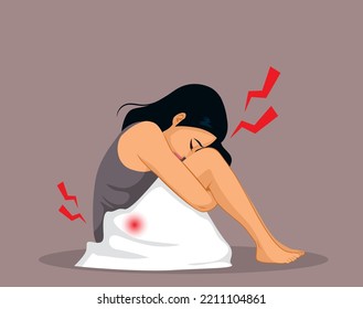 Vector illustration of beautiful young woman suffering abdominal pain. Female person with covering blanket having period cramps. Menstrual leave concept