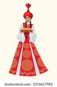 Vector illustration. A beautiful young woman in a Kazakh national costume with a plate on a background of ornaments and traditional Kazakh symbols