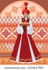 Vector illustration. A beautiful young woman in a Kazakh national costume with a plate on a background of ornaments and traditional Kazakh symbols