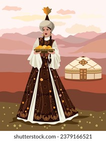 Ilustración vectorial. Una bella joven con un traje nacional kazajo con un plato en el fondo de un paisaje montañoso y un cielo