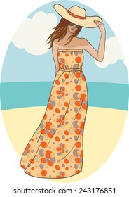 Vector illustration, beautiful young woman with elegant long dress and big hat walking on the beach with the view on the sea