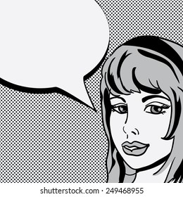 vector illustration of beautiful young woman, drawing in comics, pop art style with talking bubble