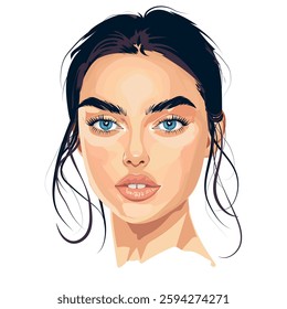 Vector illustration of a beautiful young woman with blue eyes, dark hair and full lips. A modern, semi-realistic portrait with smooth shading and detailed facial features. Perfect for fashion, beauty.