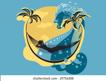 Vector illustration of beautiful young woman on the beach