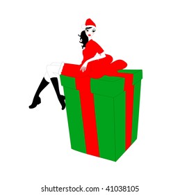 Vector illustration of beautiful young woman in a santa clause costume, sitting on the gift box