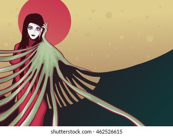 Vector illustration of a beautiful young woman inspired by japanese graphics.