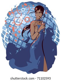 Vector illustration of beautiful young woman in night club with a drink in a hand