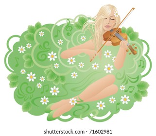 Vector illustration of beautiful young woman sitting on a green meadow with flowers and playing a violin