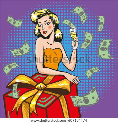 Vector Illustration Beautiful Young Woman Glass Stock Vector - vector illustration of beautiful young woman with glass of champagne gift box and paper money around her woman throwing her money about retro pop art