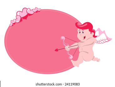 Vector illustration of beautifull frame decorated with angel on the pink background. Cupid with arch and arrow.