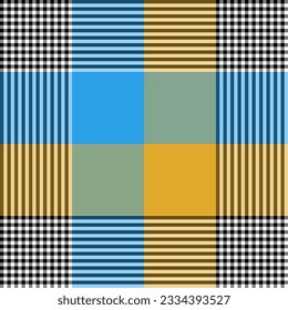 Vector illustration of a beautifully contrasting black, blue, and yellow plaid pattern. on a white background. For background and textile fashion and so on.
