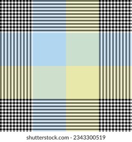 Vector illustration of a beautifully contrasting black, light blue and light yellow plaid pattern. on a white background. For background and textile fashion and so on.