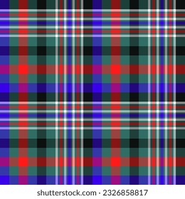 Vector illustration of a beautifully contrasting red, blue, white and black plaid pattern on a green background. For background and textile fashion and so on.