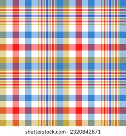 Vector illustration of a beautifully contrasting Yellow, red, light blue and blue. plaid pattern on a white background. For background and textile fashion and so on.