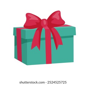 Vector illustration of a beautifully wrapped gift box with a red ribbon and bow. The green present is ideal for celebrations like birthdays, Christmas, and other festive occasions.