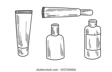 Vector illustration of beauty accessories and skin care products. Face and body care concept. Outline or doodle drawing
