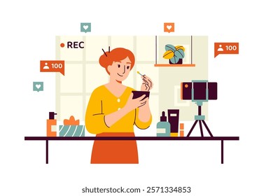 Vector illustration of a beauty blogger recording a video for her followers using a smartphone on a tripod. The girl advertises a skin care product to the audience in her room surrounded by cosmetics