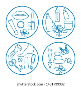 Vector illustration with beauty and care cosmetic products, makeup, pedicure tools, massage accessories. Glamour fashion vogue style. Design for card, banner, poster or print.