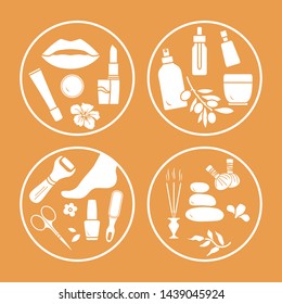Vector illustration with beauty and care cosmetic products, makeup, pedicure tools, massage accessories. Glamour fashion vogue style. Design for card, banner, poster or print.