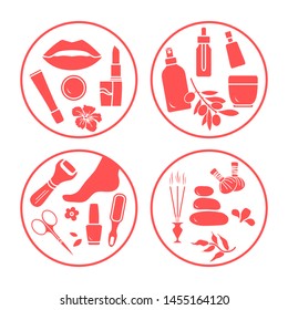 Vector illustration with beauty and care cosmetic products, makeup, pedicure tools, massage accessories. Glamour fashion vogue style. Design for card, banner, poster or print.