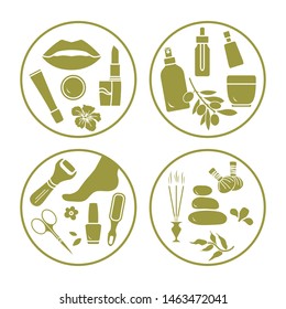Vector illustration with beauty and care cosmetic products, makeup, pedicure tools, massage accessories. Glamour fashion vogue style. Design for card, banner, poster or print.
