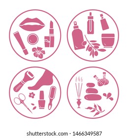 Vector illustration with beauty and care cosmetic products, makeup, pedicure tools, massage accessories. Glamour fashion vogue style. Design for card, banner, poster or print.