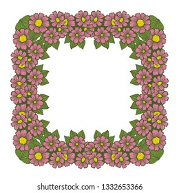 Vector illustration beauty crowd pink flower frames blooms hand drawn