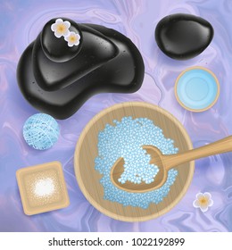 Vector illustration. Beauty and fashion concept with spa set. Top view. Stones, salt, cream, flowers. View from above. Natural cosmetic.