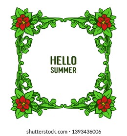 Vector illustration beauty of frame flower red and foliage green with invitation card hello summer hand drawn