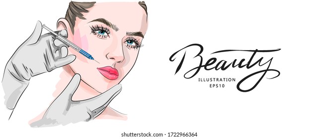 Vector illustration. Beauty injections and aesthetic cosmetology. Beautician Makes a beauty injection to a woman. Lifting and rejuvenation.