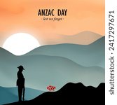 Vector illustration of beauty landscape. Remembrance day symbol. Lest we forget. Anzac day background with soldier.