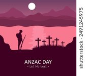 Vector illustration of beauty landscape. Remembrance day symbol. Lest we forget. Anzac day background with soldier.