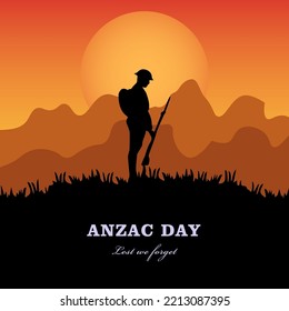 Ilustración vectorial del paisaje de belleza. Símbolo del día de recuerdo. No nos olvidemos. Anzac day Background con soldados australianos y paisaje de belleza.