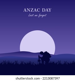 Vector illustration of beauty landscape. Remembrance day symbol. Lest we forget. Anzac day background with australian soldier and beauty landscape.