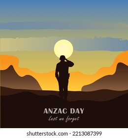 Vector illustration of beauty landscape. Remembrance day symbol. Lest we forget. Anzac day background with australian soldier and beauty landscape.