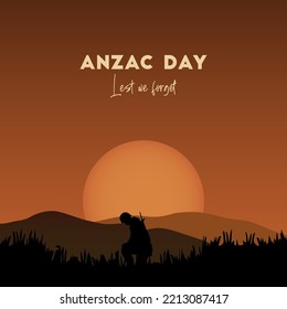 Vector illustration of beauty landscape. Remembrance day symbol. Lest we forget. Anzac day background with australian soldier and beauty landscape.