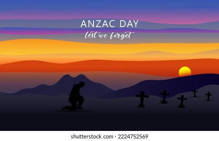 Vector illustration of beauty landscape. Remembrance day symbol. Lest we forget. Anzac day background with australian soldier and beauty landscape.