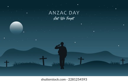 Ilustración vectorial del paisaje de belleza. Símbolo del día de recuerdo. No nos olvidemos. Anzac day Background con soldados australianos y paisaje de belleza.