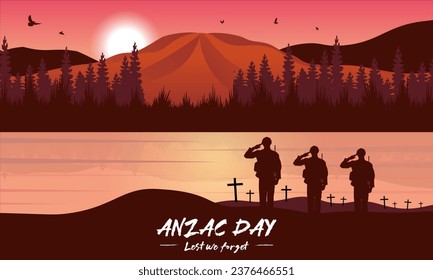 Vector illustration of beauty landscape. Remembrance day symbol. Lest we forget. Anzac day background with australian soldier and beauty landscape.