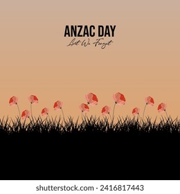 Vector illustration of beauty landscape. Remembrance day symbol. Lest we forget. Anzac day background with poppy flowers.