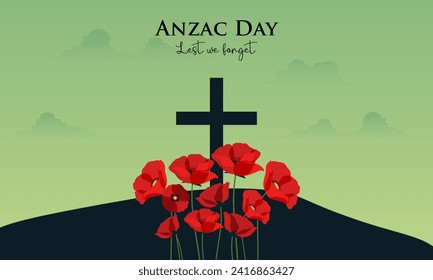 Vector illustration of beauty landscape. Remembrance day symbol. Lest we forget. Anzac day background with poppy flowers.