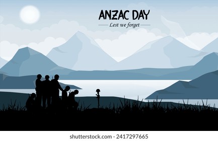 Vector illustration of beauty landscape. Remembrance day symbol. Lest we forget. Anzac day background with soldier.