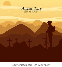 Ilustración vectorial del paisaje de belleza. Símbolo del día de recuerdo. No nos olvidemos. Anzac, antecedentes del día con soldado.