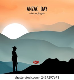 Vector illustration of beauty landscape. Remembrance day symbol. Lest we forget. Anzac day background with soldier.