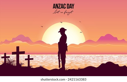 Vector illustration of beauty landscape. Remembrance day symbol. Lest we forget. Anzac day background with soldier.