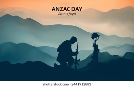 Vector illustration of beauty landscape. Remembrance day symbol. Lest we forget. Anzac day background with australian soldier and beauty landscape.