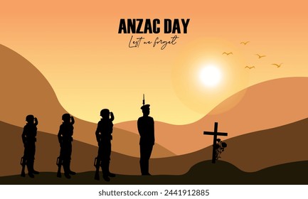 Vector illustration of beauty landscape. Remembrance day symbol. Lest we forget. Anzac day background with australian soldier and beauty landscape.